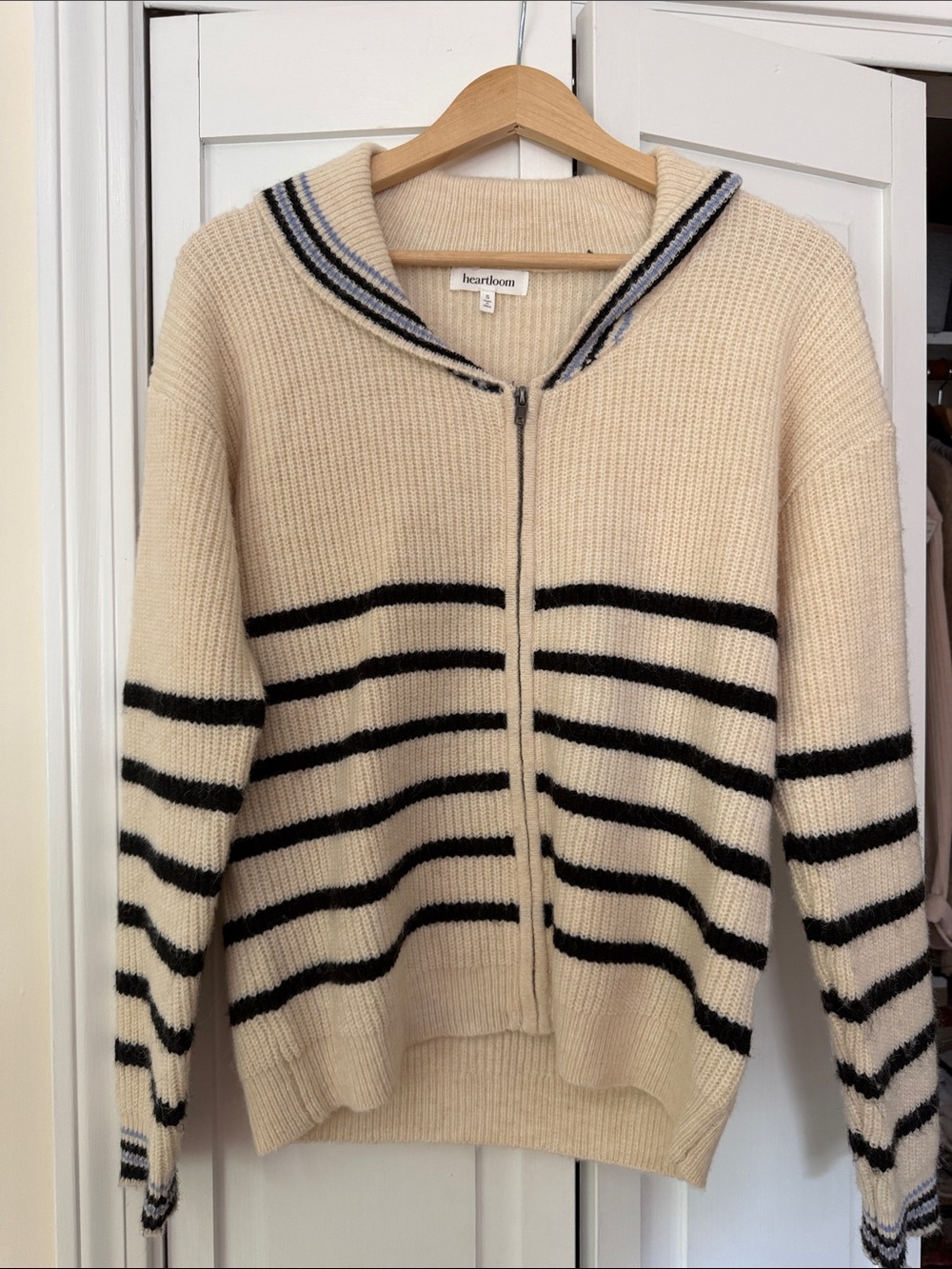 Heartloom Cream & Black Striped Zip Cardigan with Sailor Collar